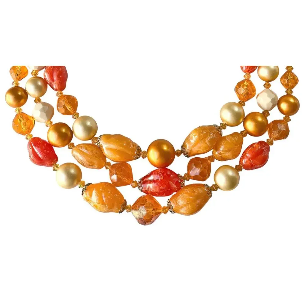 1960s Germany Orange & Cream 3 Strand Beaded Choker Necklace Vintage Mod - Picture 3 of 5